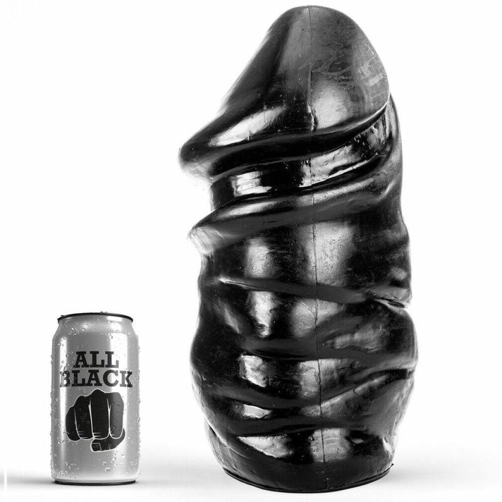 Schwarzer Dildo, glatte Oberfläche, ohne Hoden. Neben einer Dose mit "ALL BLACK" und Faust-Logo.