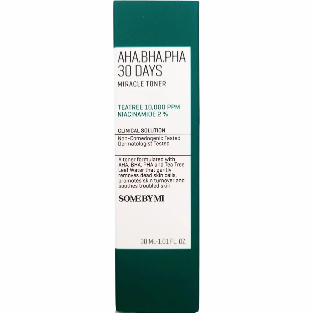 Grüne Schachtel. Aufschrift: AHA.BHA.PHA 30 Days Miracle Toner. Text: Teatree 10,000 PPM Niacinamide 2%.