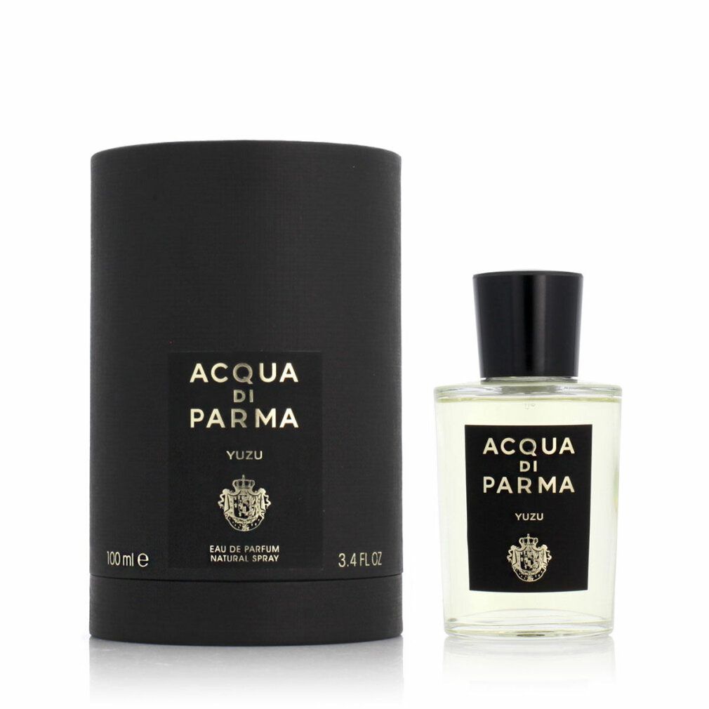 Acqua di Parma Yuzu Eau de Parfum Flasche und schwarzer Zylinderkarton, 100ml.