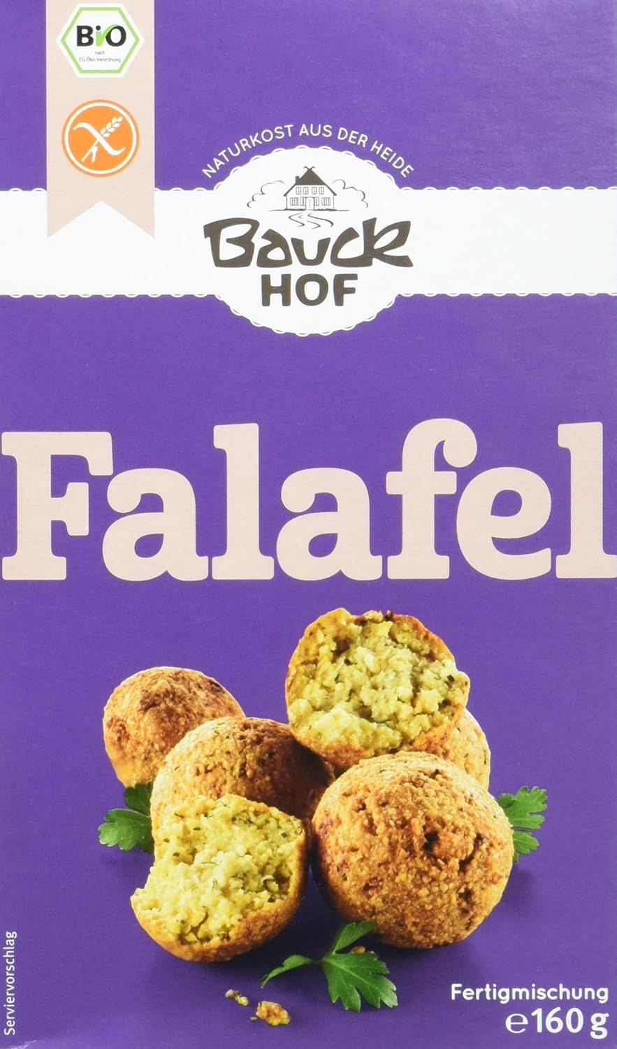 Bauckhof Falafel Fertigmischung, glutenfrei, 160g Packung mit Falafelbällchen.