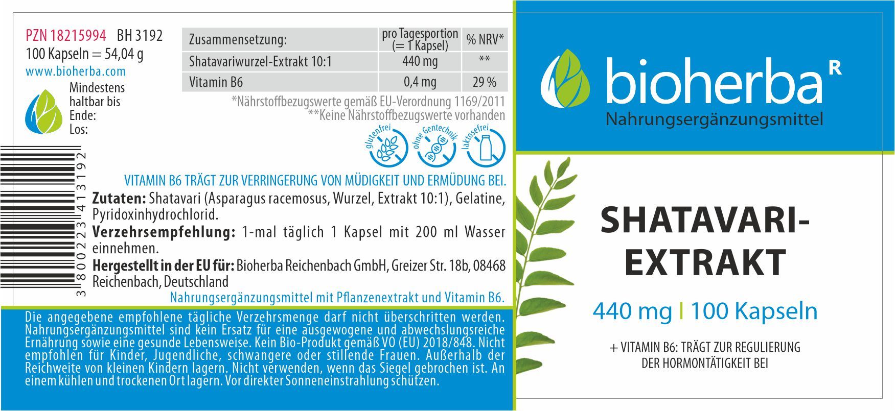 Etikett mit weißem Hintergrund und blauem Streifen. Text: Shatavari-Extrakt, 440 mg, 100 Kapseln. Zutaten, Verzehrempfehlung. Marke: Bioherba.