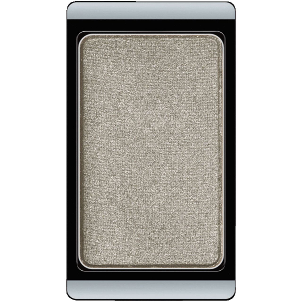 Rechteckiger Lidschatten, silber-grau, in schwarzem Behälter. Einzelprodukt, Draufsicht.