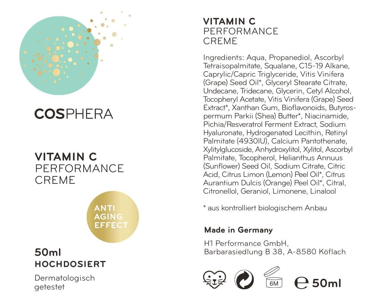 Rückseite der Cosphera Vitamin C Creme Flasche mit Inhaltsstoffen und Herstellungsangaben.