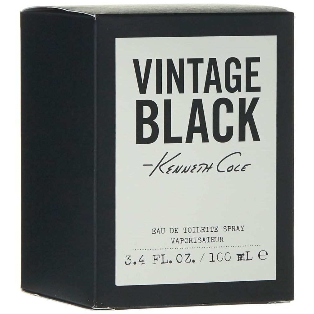 Schwarzer Karton mit weißem Etikett. Aufschrift: Vintage Black, Kenneth Cole. Eau de Toilette Spray. 3.4 FL. OZ. / 100 ml.