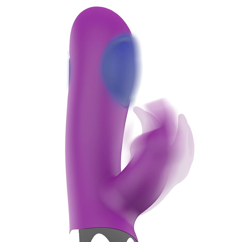 Lila Vibrator mit Hasenohren-Design. Bewegungssymbol. Graue Basis.