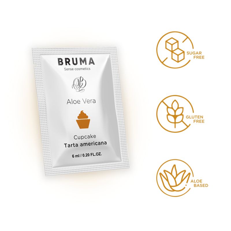 Weißer Beutel mit Produktinformationen und Icons für zuckerfrei, glutenfrei und Aloe-basiert. Aufdruck: BRUMA, Aloe Vera, Cupcake, Tarta americana, 6 ml / 0.20 FL.OZ.