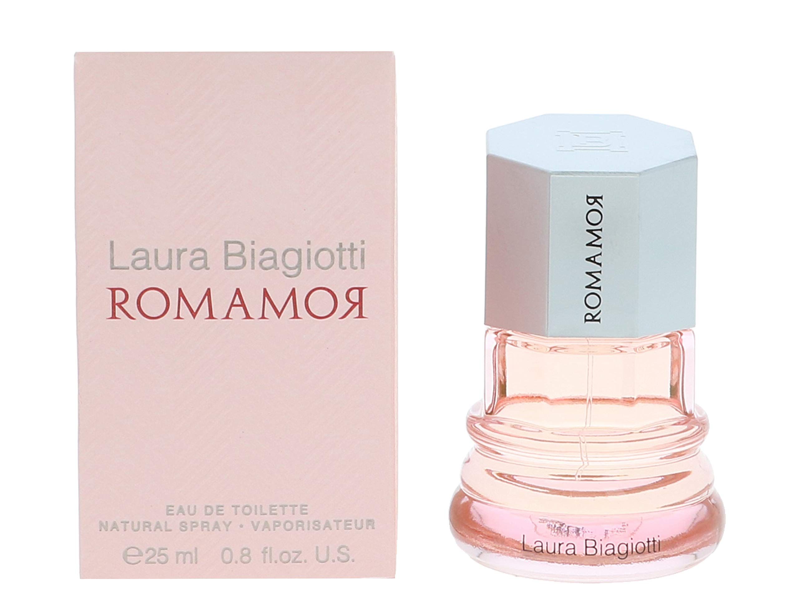 Laura Biagiotti Romamor Eau de Toilette und Verpackung. Rosa Flakon mit silberner Kappe neben einer rosa Schachtel mit Text.
