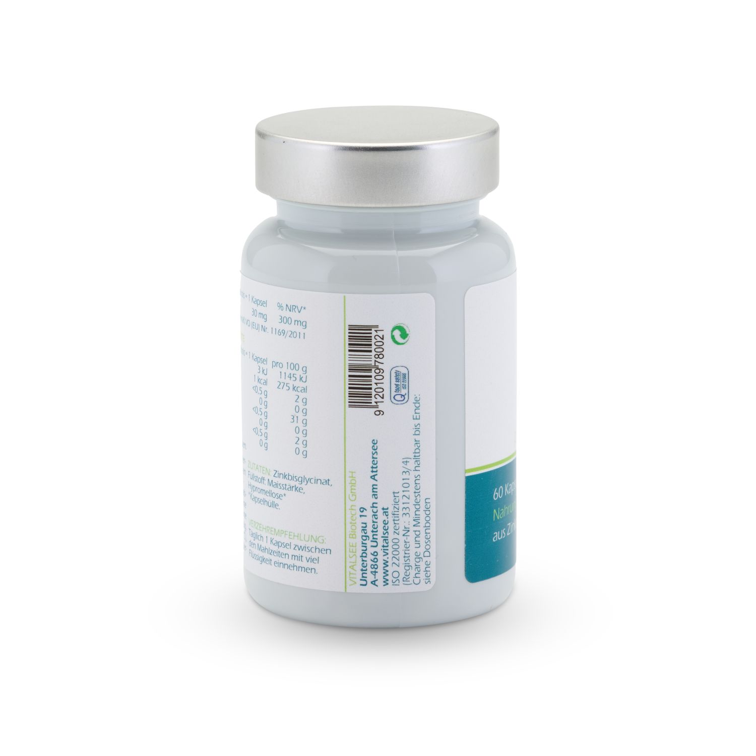 Rückseite einer Flasche Vitalsee ZINK 30. Enthält Informationen zu Inhaltsstoffen und Nährwerten. Silberner Deckel.