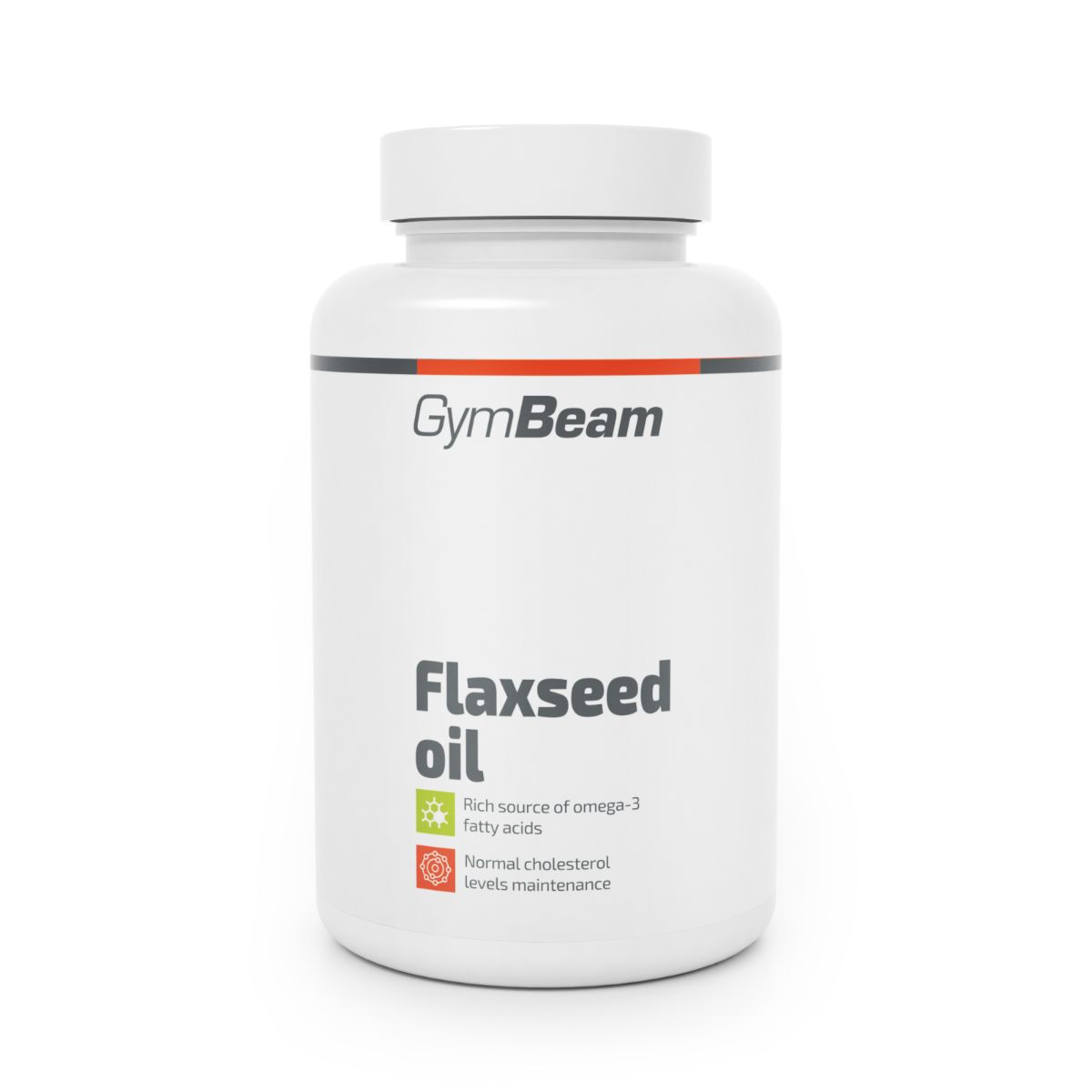 Weiße Kapselbehälter mit GymBeam-Logo und der Aufschrift "Flaxseed oil".