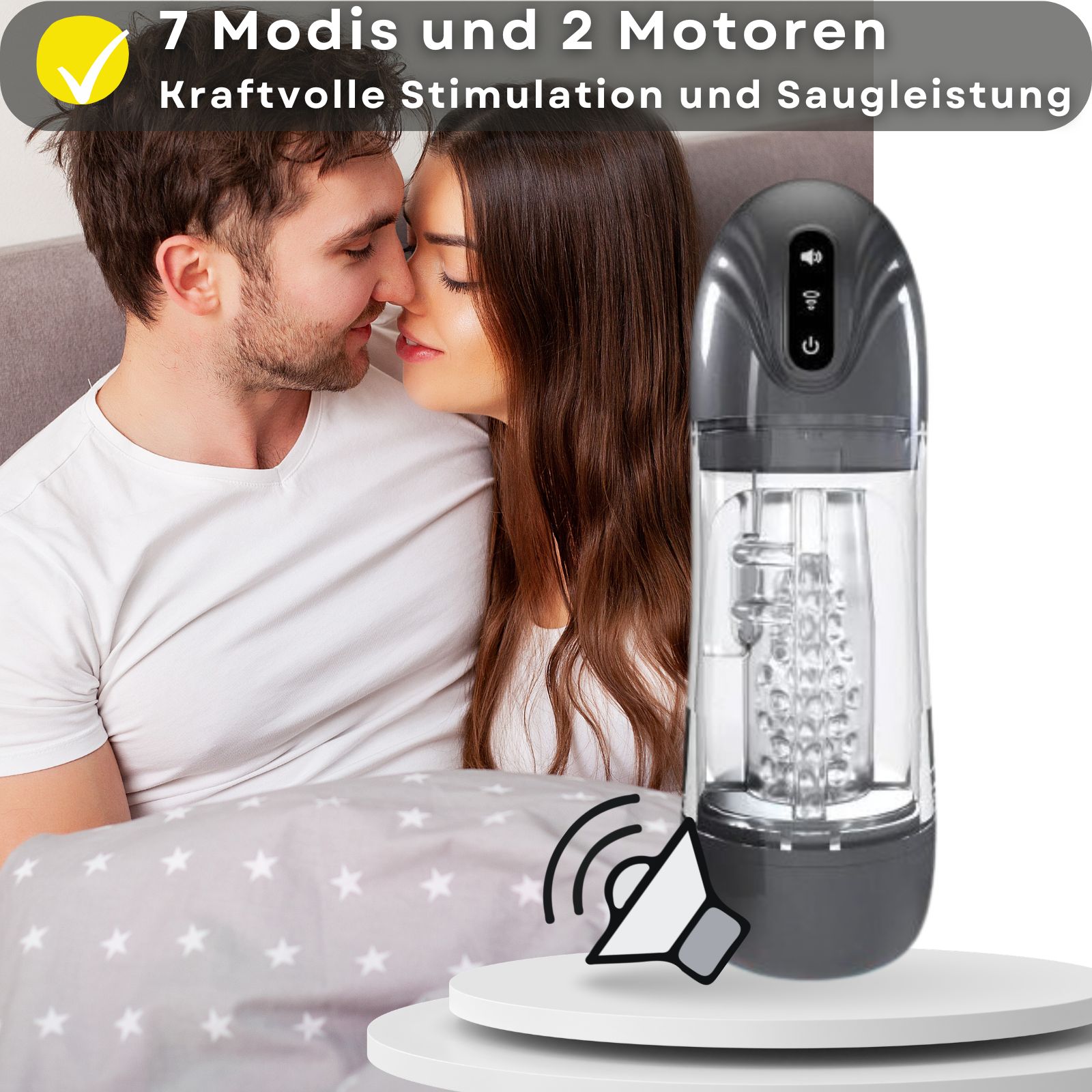 Produkt mit Text: 7 Modi, 2 Motoren, starke Stimulation. Paar im Hintergrund, Produkt mit Kopfhörern.