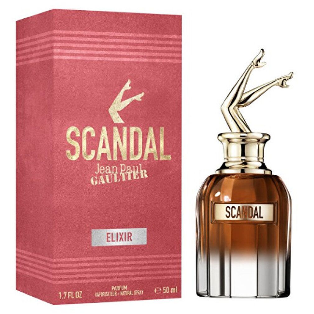 Parfümflakon neben roter Verpackung. Flakon mit goldfarbenen Beinen. Verpackung mit "SCANDAL" und "ELIXIR" Schriftzug.