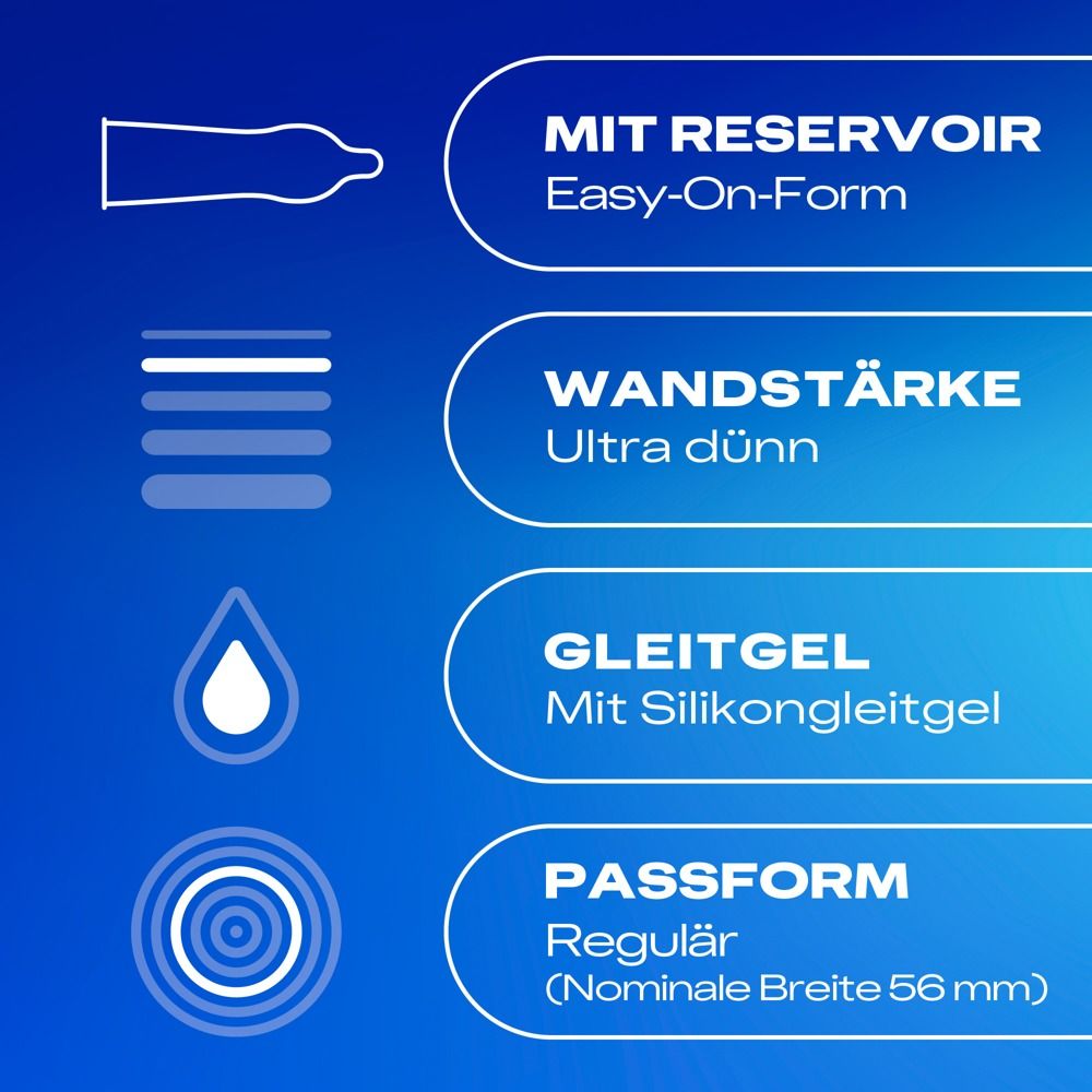 Durex Hautnah Kondompackung, goldfarben, mit Fingerabdruck-Herz und "Ultra Dünn" Aufdruck.