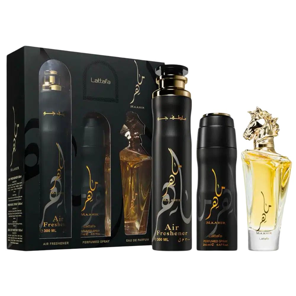 Lattafa - Maahir Geschenkset -100 ml Eau de Parfum - 200 ml Deodorant - 300 ml Lufterfrischer