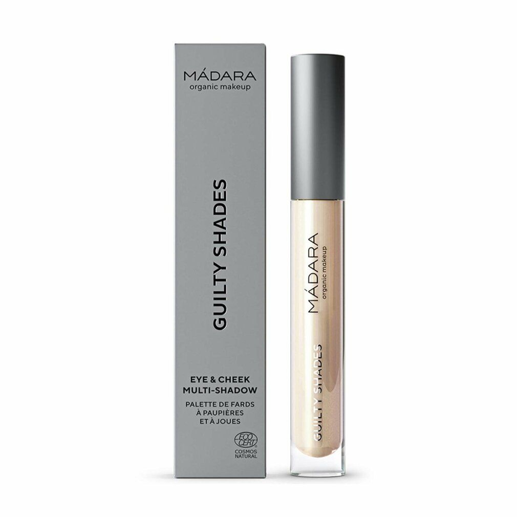 Madara Guilty Shades Frost. Eye & Cheek Multi-Shadow. Graue Verpackung und Produkt. Text: Madara, Guilty Shades, COSMOS NATURAL.