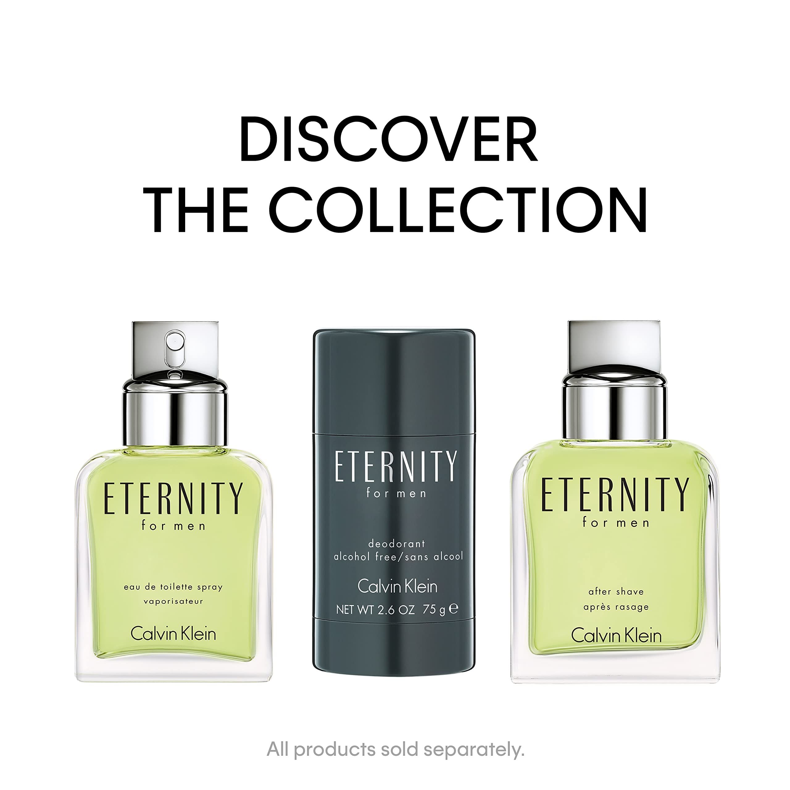 Drei Produkte: Eau de Toilette, Deodorant und Aftershave. Aufschrift: ETERNITY FOR MEN, CALVIN KLEIN. Alle Produkte werden separat verkauft.