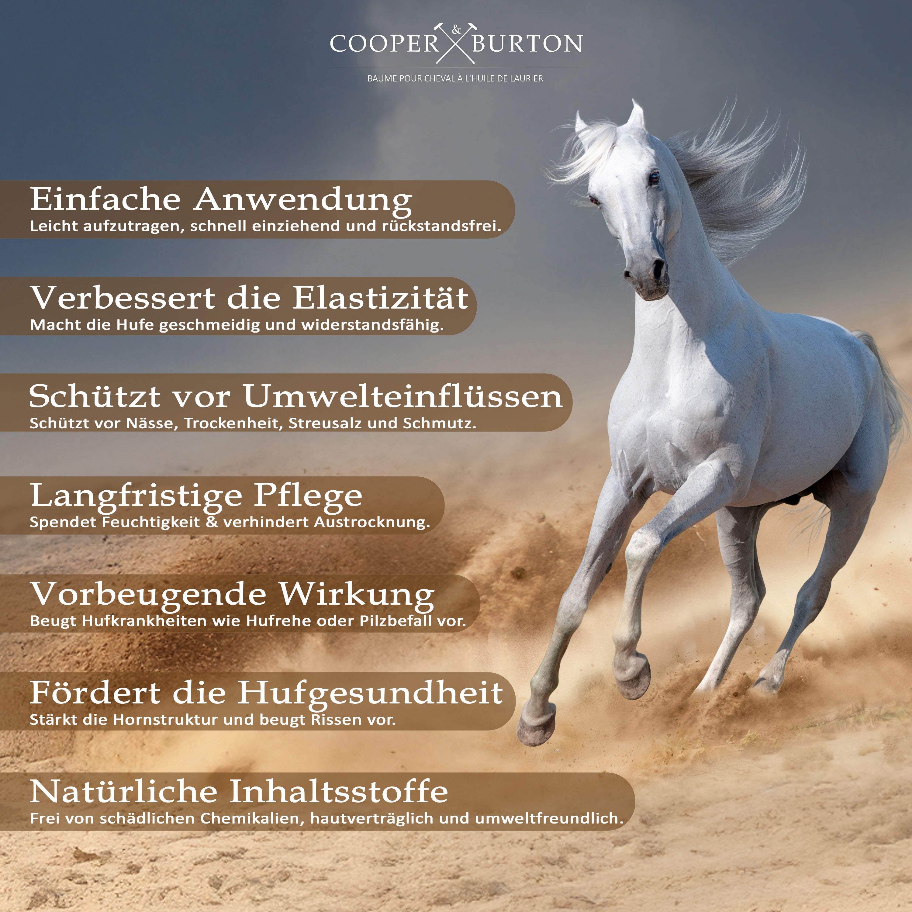 Weißes Pferd rennt. Text. Logo: COOPER & BURTON. Natürliche Inhaltsstoffe.