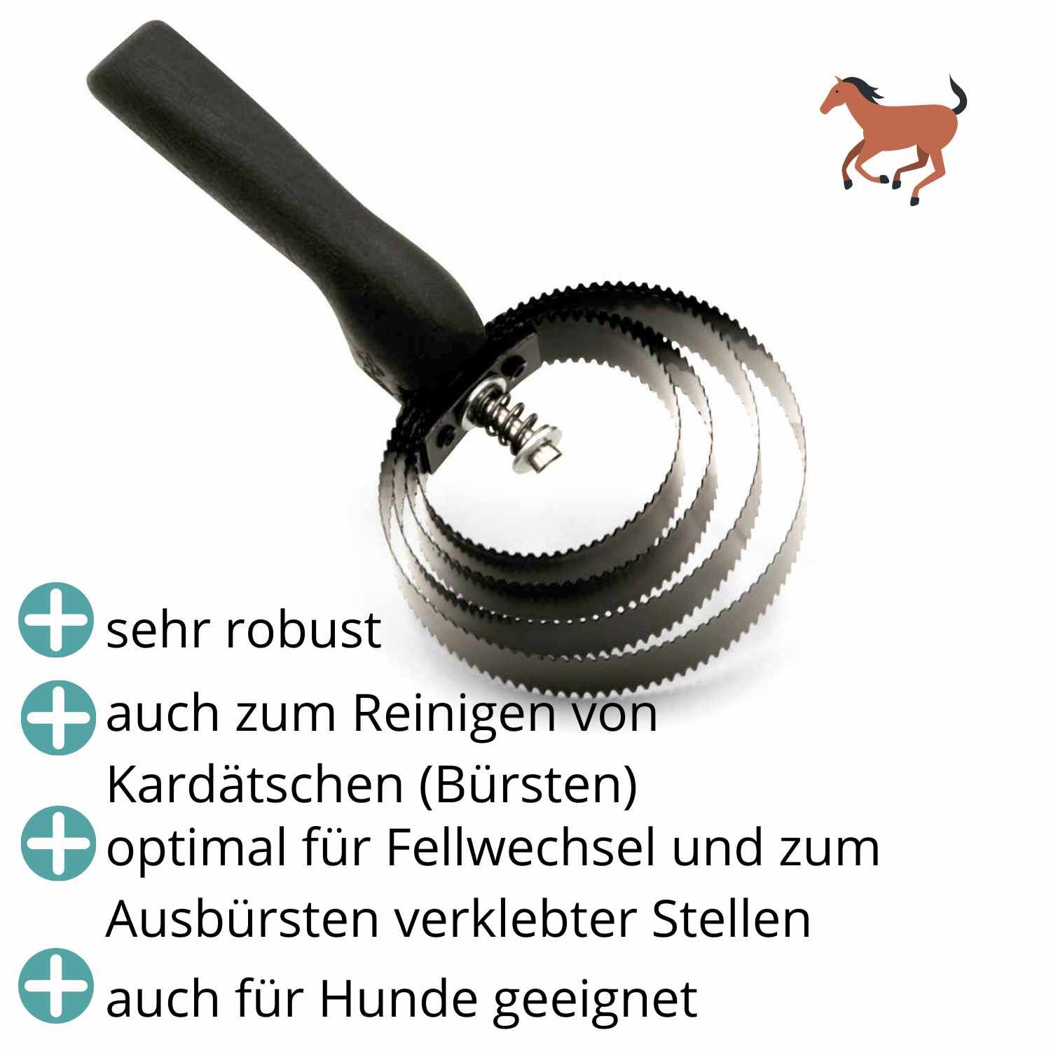 Spiralstriegel mit schwarzem Griff. Text: sehr robust, auch zum Reinigen, optimal für Fellwechsel, auch für Hunde geeignet.
