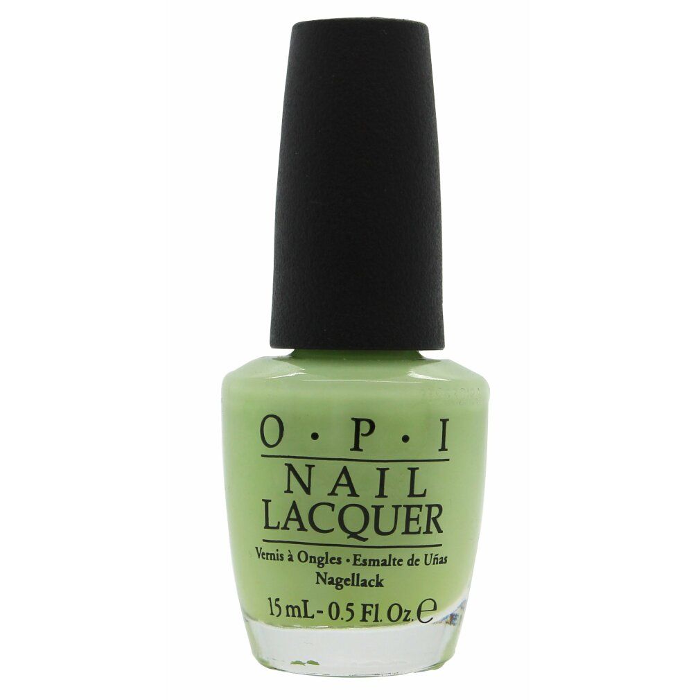 OPI Nagellack, hellgrün. Schwarzer Deckel. Schriftzug: OPI NAIL LACQUER. Volumen: 15 ml - 0.5 FL.OZ.e.