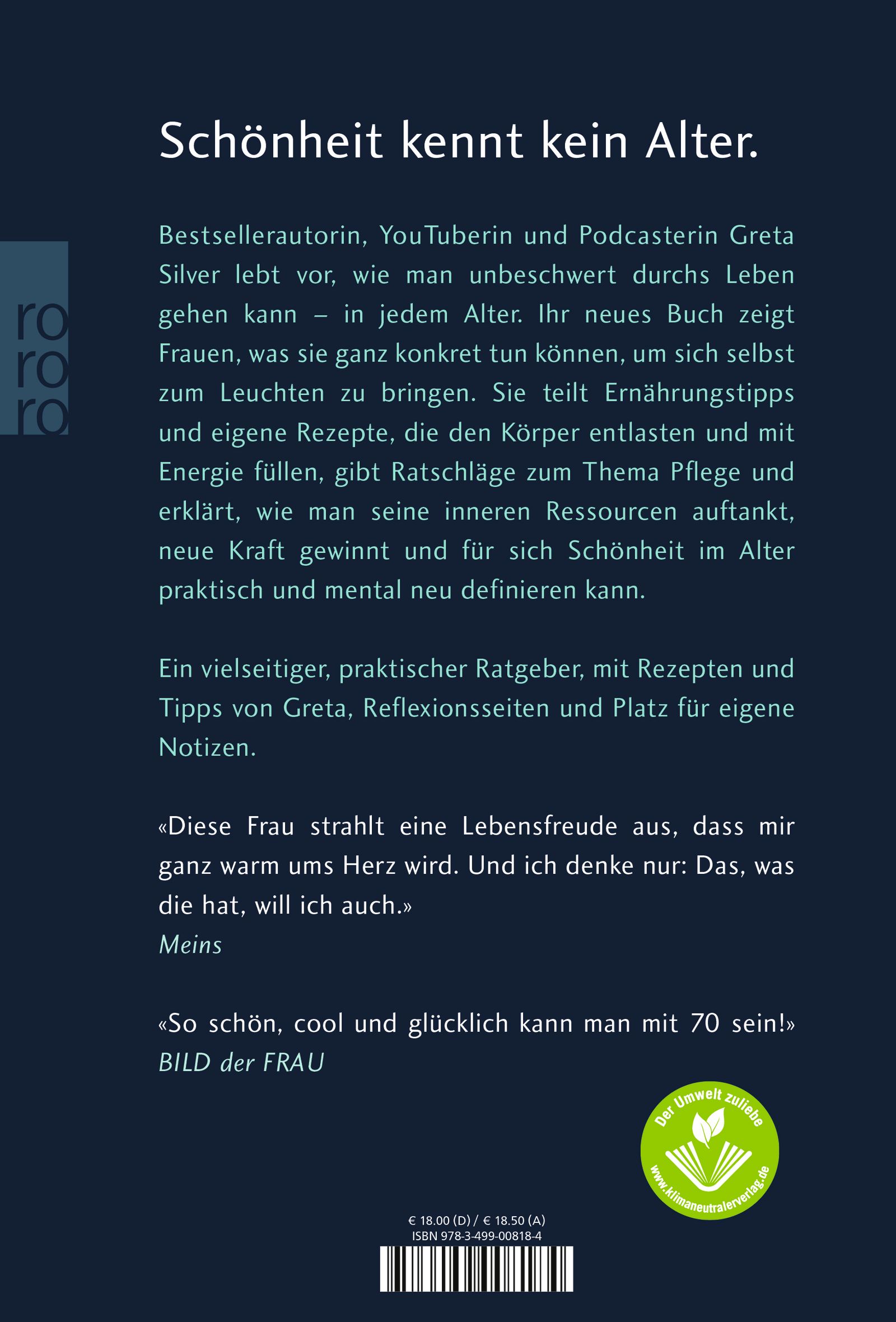 Buchrückseite: Text über das Buch "Bring dich selbst zum Leuchten". Autorin Greta Silver, Zitat, Umweltzeichen.