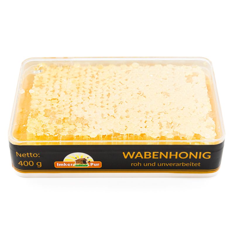 Honigwabe Set in transparenter Verpackung. Aufschrift: Wabenhonig, roh und unverarbeitet. Marke: ImkerPur. Nettogewicht: 400 g.