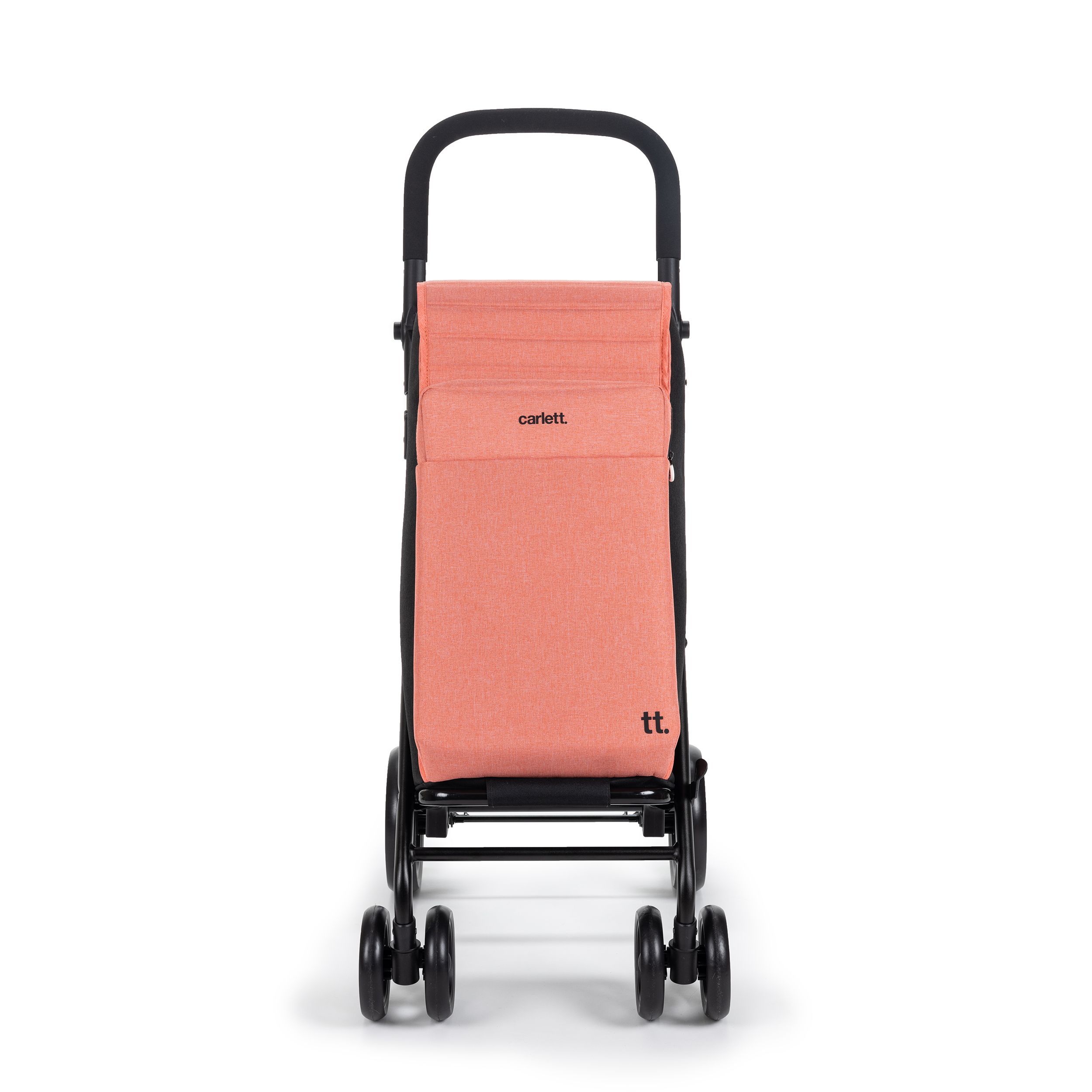 Carlett Urban Quad, orangefarbener Einkaufstrolley mit schwarzem Gestell und vier Rädern. Logo "carlett."
