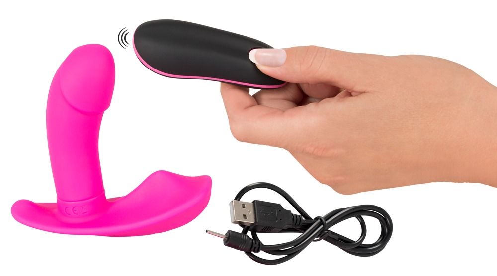 Pinkfarbener Vibrator mit gebogener Form. Basis und Spitze abgerundet.