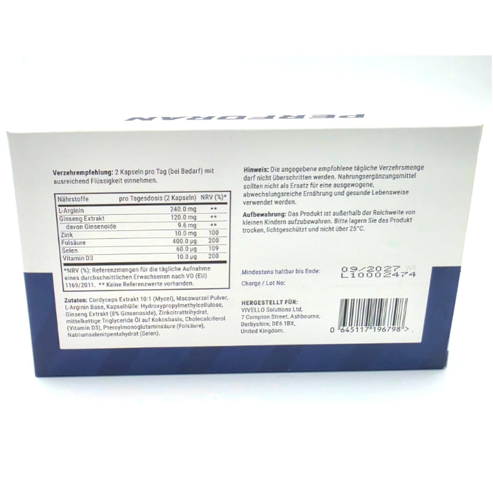 Rückseite der "PERFORAN"-Schachtel. Enthält Nährwertangaben und Inhaltsstoffe. Mindesthaltbarkeitsdatum und Herstellerinformationen.