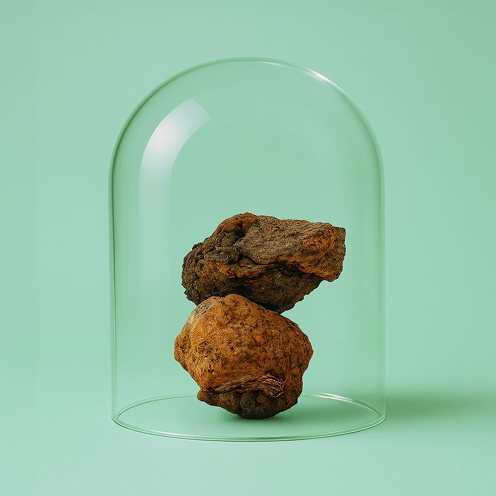 Zwei Chaga-Pilze unter Glaskuppel. Grüner Hintergrund.