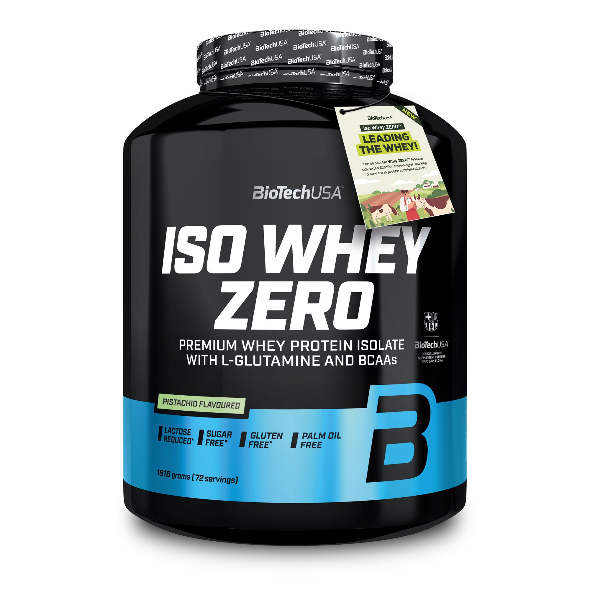 Schwarze Dose BioTechUSA ISO Whey Zero, Pistazien-Geschmack. Mit Aufdrucken und Etikett. Blaue und weiße Akzente.