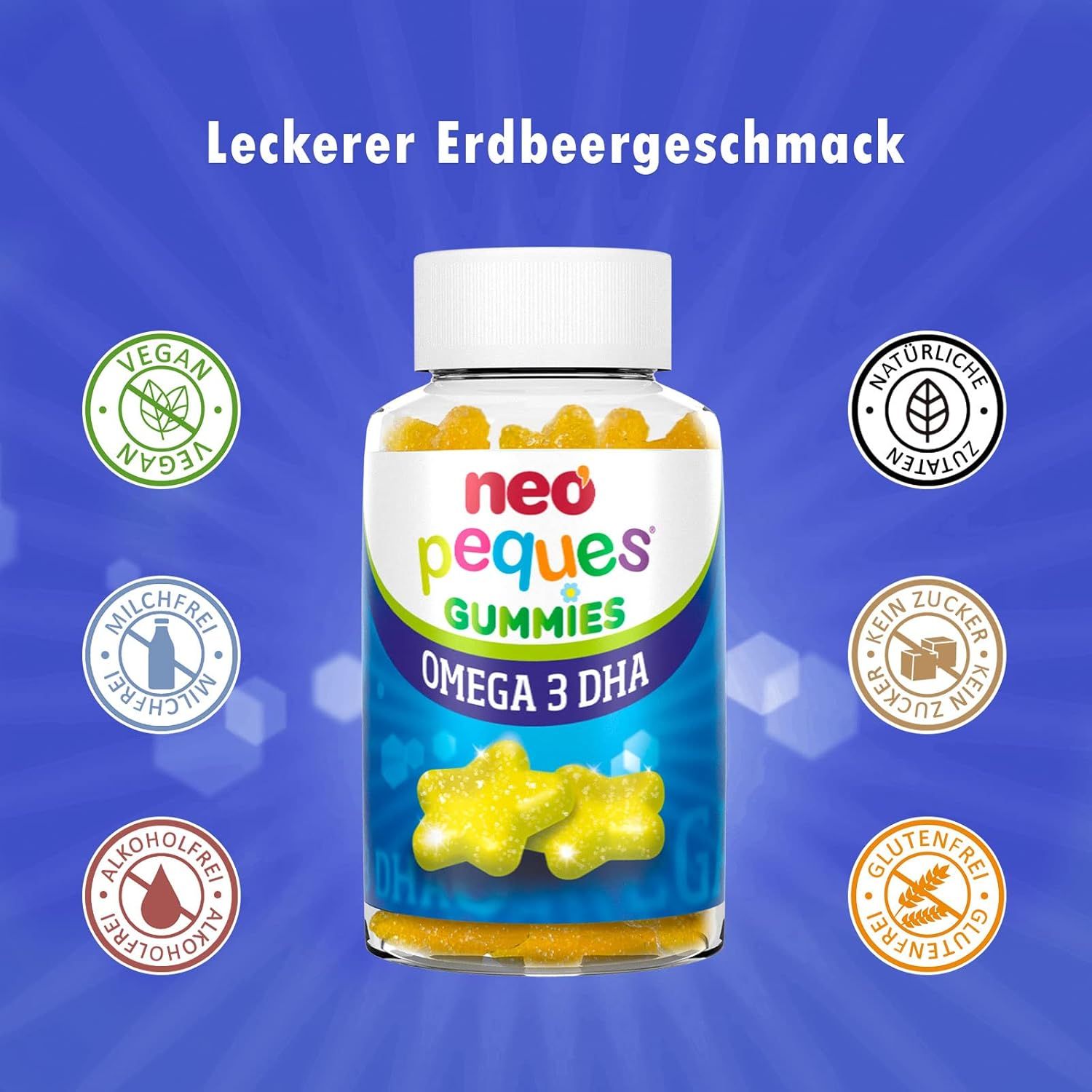Flasche Neo Peques Omega 3 DHA Gummies mit Siegeln: Vegan, natürlich, ohne Zucker, glutenfrei, milchfrei, alkoholfrei.