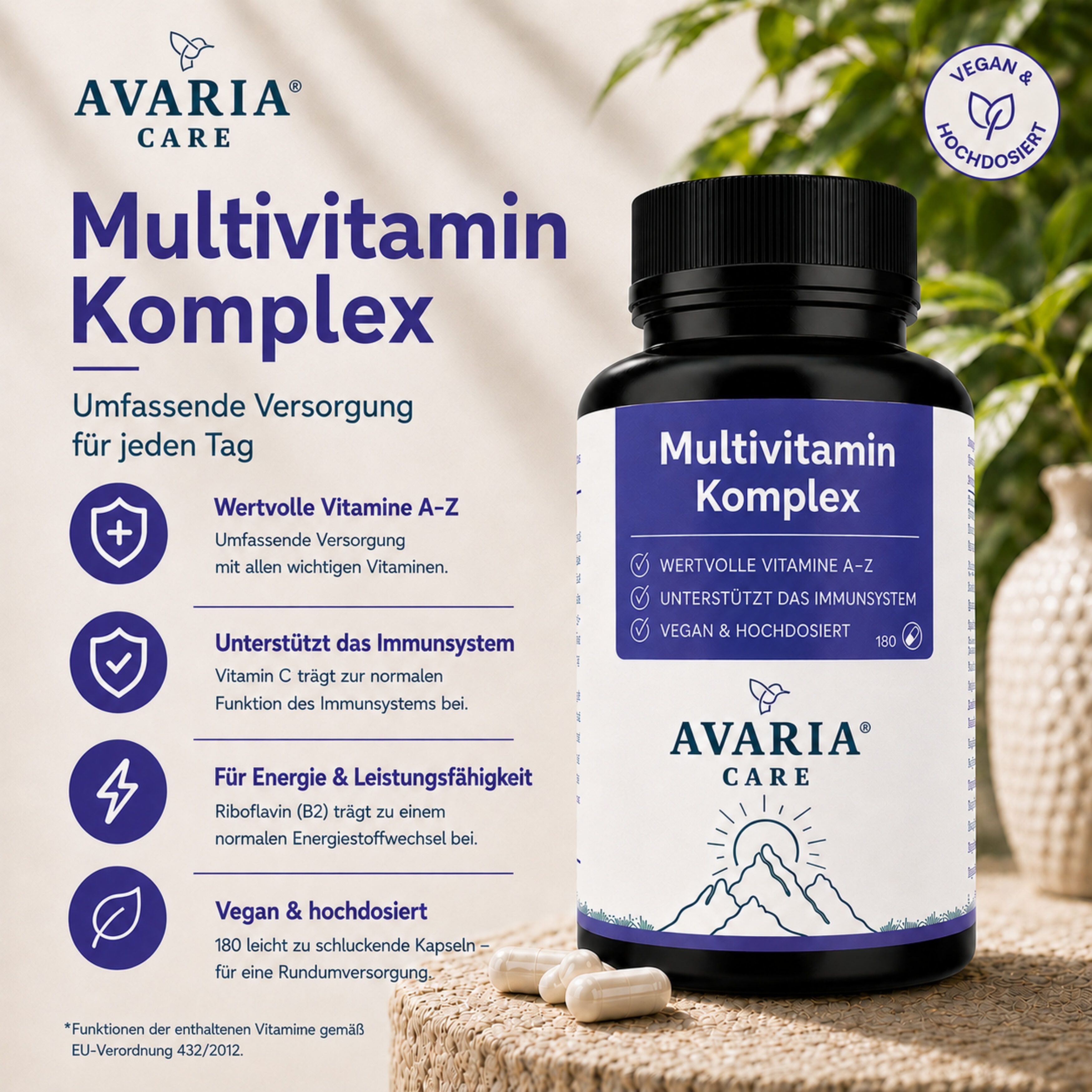 Schwarze Flasche mit AVARIA CARE Multivitamin Komplex. Vegan & hochdosiert. 180 Kapseln. Logo und Text.