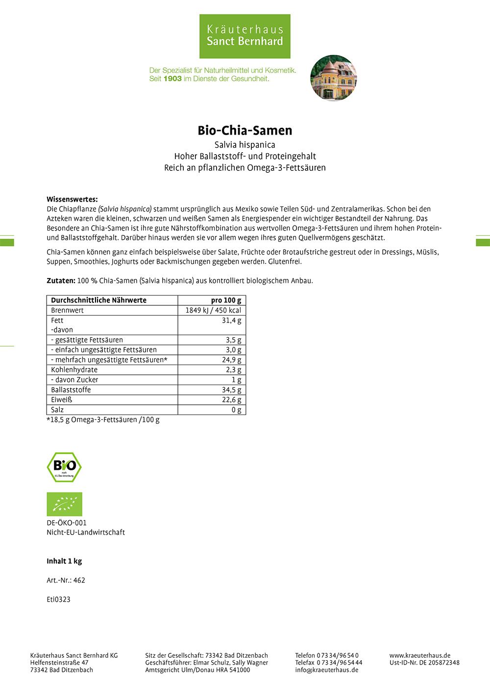 Rückseite der Verpackung mit Nährwertangaben und Text. Enthält Informationen zu Bio-Chia-Samen. Bio-Siegel. Text in deutscher Sprache.