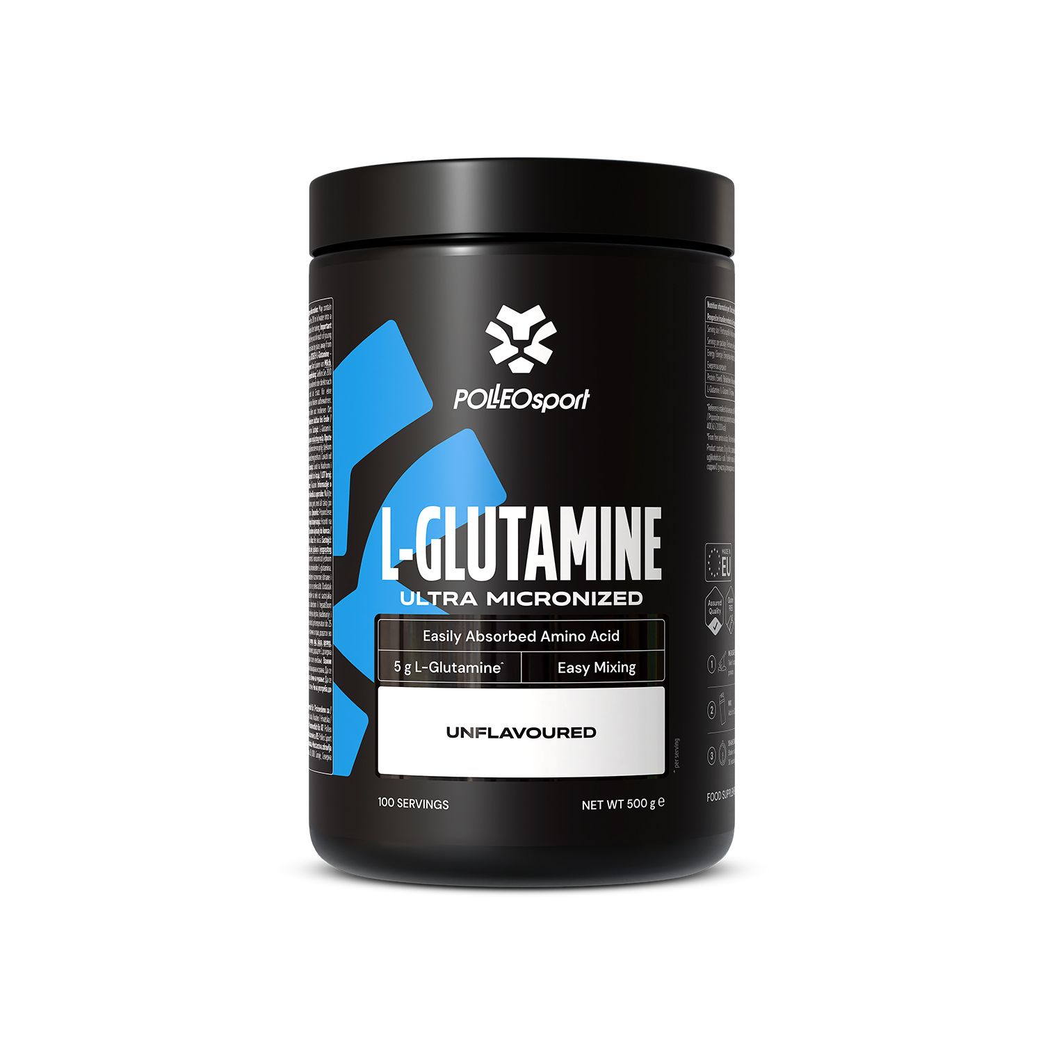 Schwarzer Behälter mit L-Glutamin Pulver. Enthält 5g L-Glutamin pro Portion, ultra mikronisiert, unflavoured.