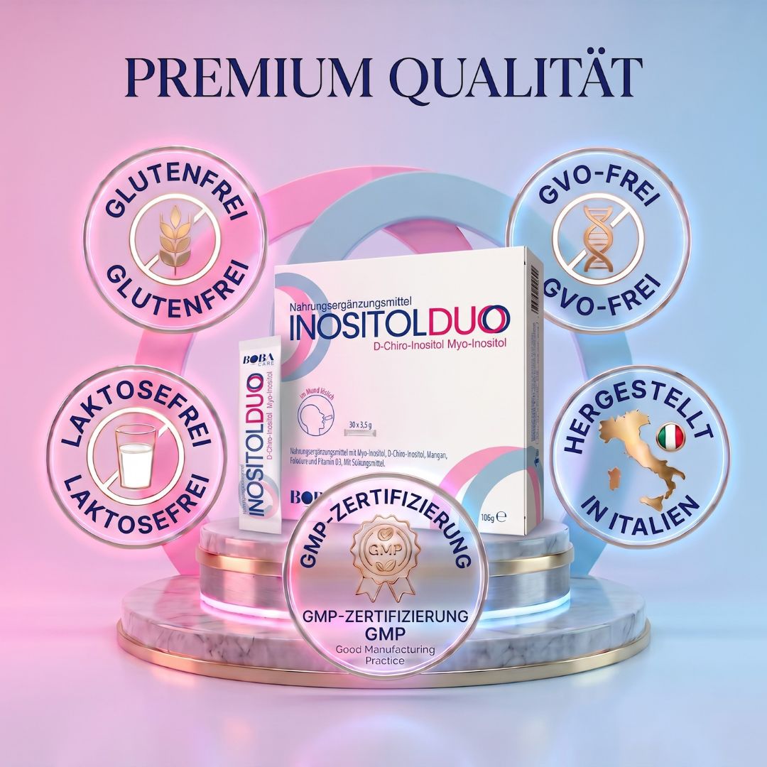 BOBACARE Inositol Duo Verpackung mit Zertifizierungen: Glutenfrei, Laktosefrei, GVO-frei, GMP, Hergestellt in Italien.
