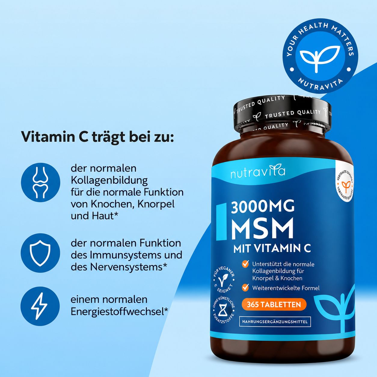 Nutravita 3000 mg MSM mit Vitamin C Nahrungsergänzungsmittel. Unterstützt normale Kollagenbildung für Knochen und Knorpel.
