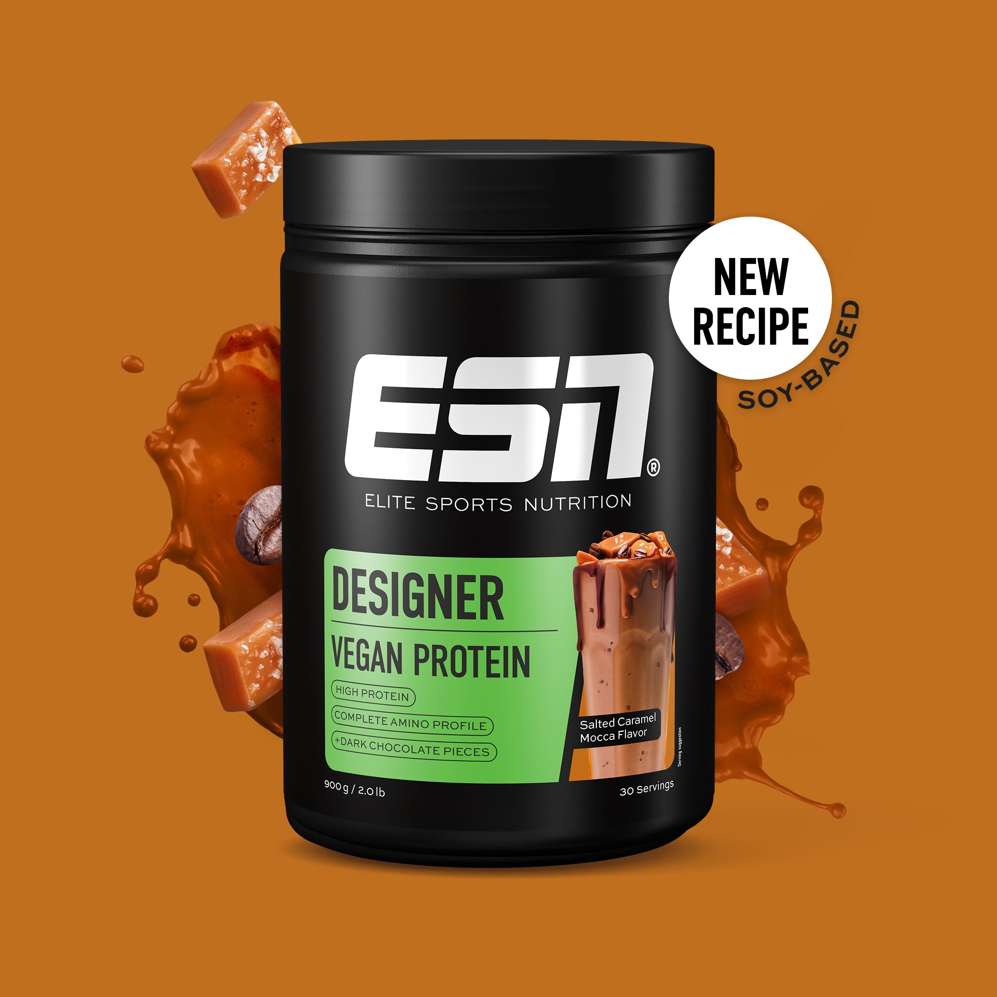 Schwarze Dose mit ESN-Logo und Produktbezeichnung. Aufschrift: Designer Vegan Protein. Mit Karamell- und Kaffeebohnen-Illustration. Neu.
