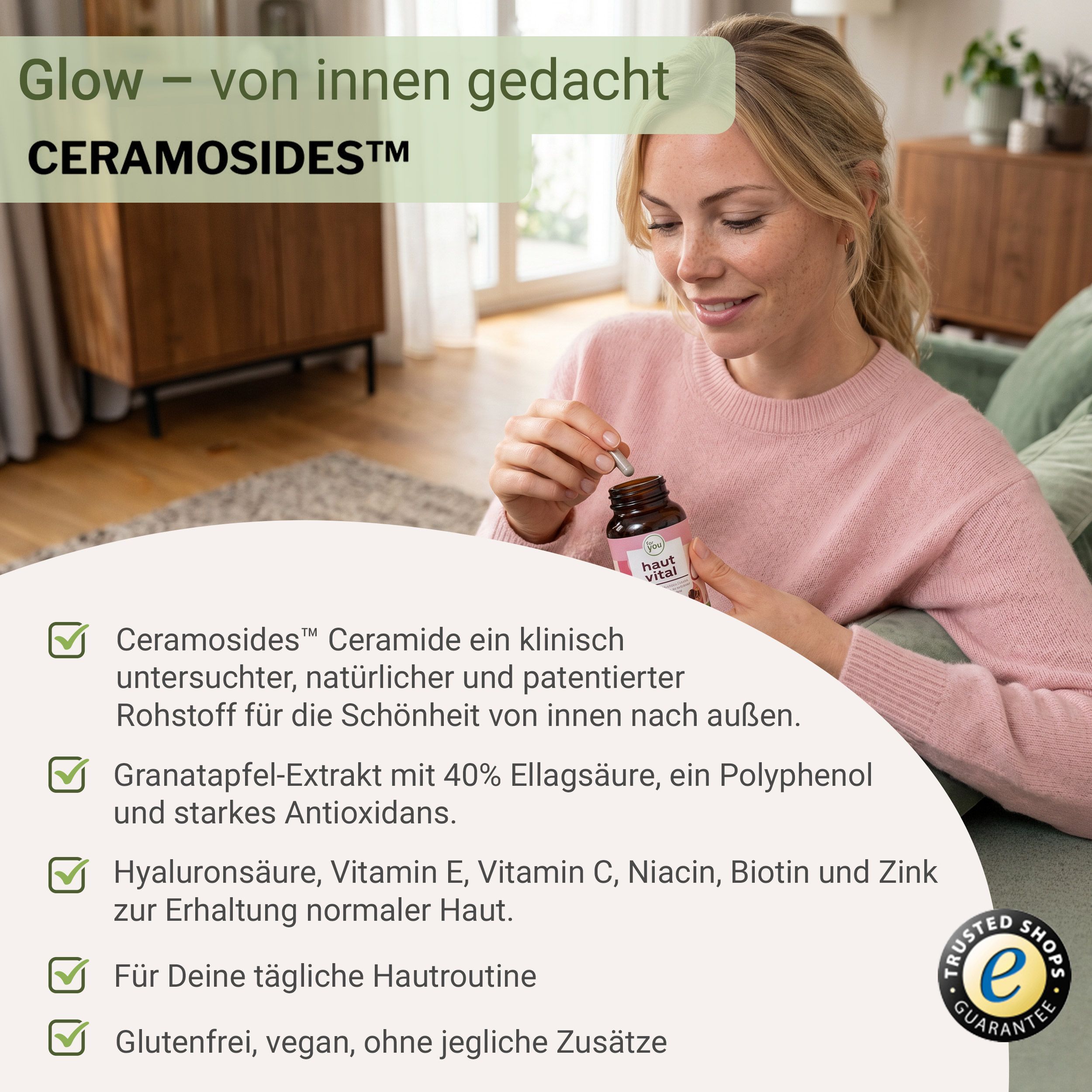 Frau hält Flasche Haut Vital. Liste mit Inhaltsstoffen und Vorteilen.