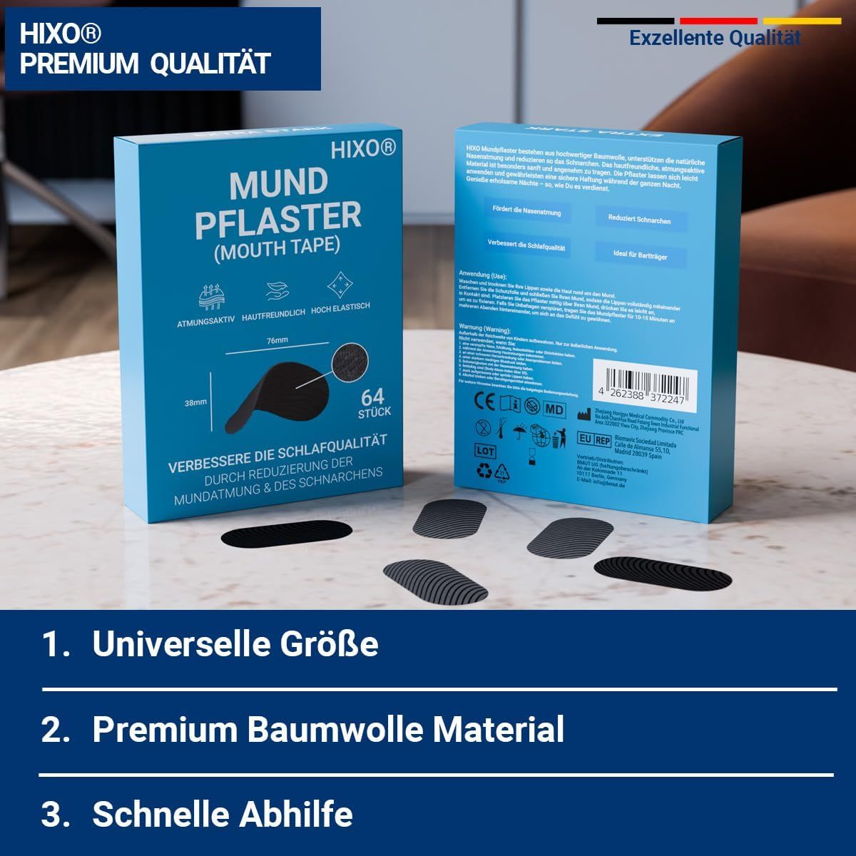 Produktverpackung mit Mundpflastern. Text: Universelle Größe, Premium Baumwolle Material, Schnelle Abhilfe.