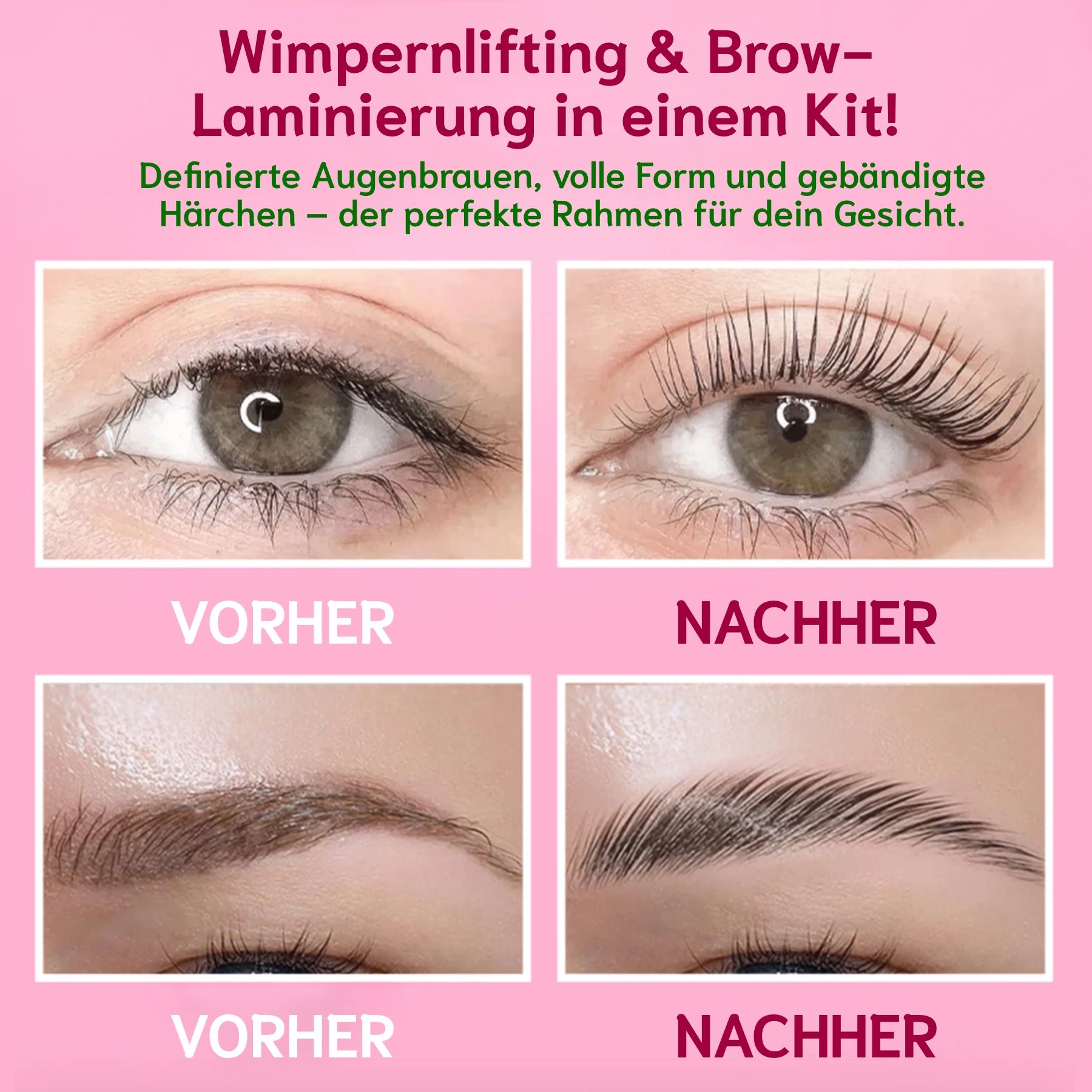 Vorher-Nachher-Bilder von Augen. Obere Reihe: Augen mit Wimpern. Untere Reihe: Augenbrauen.