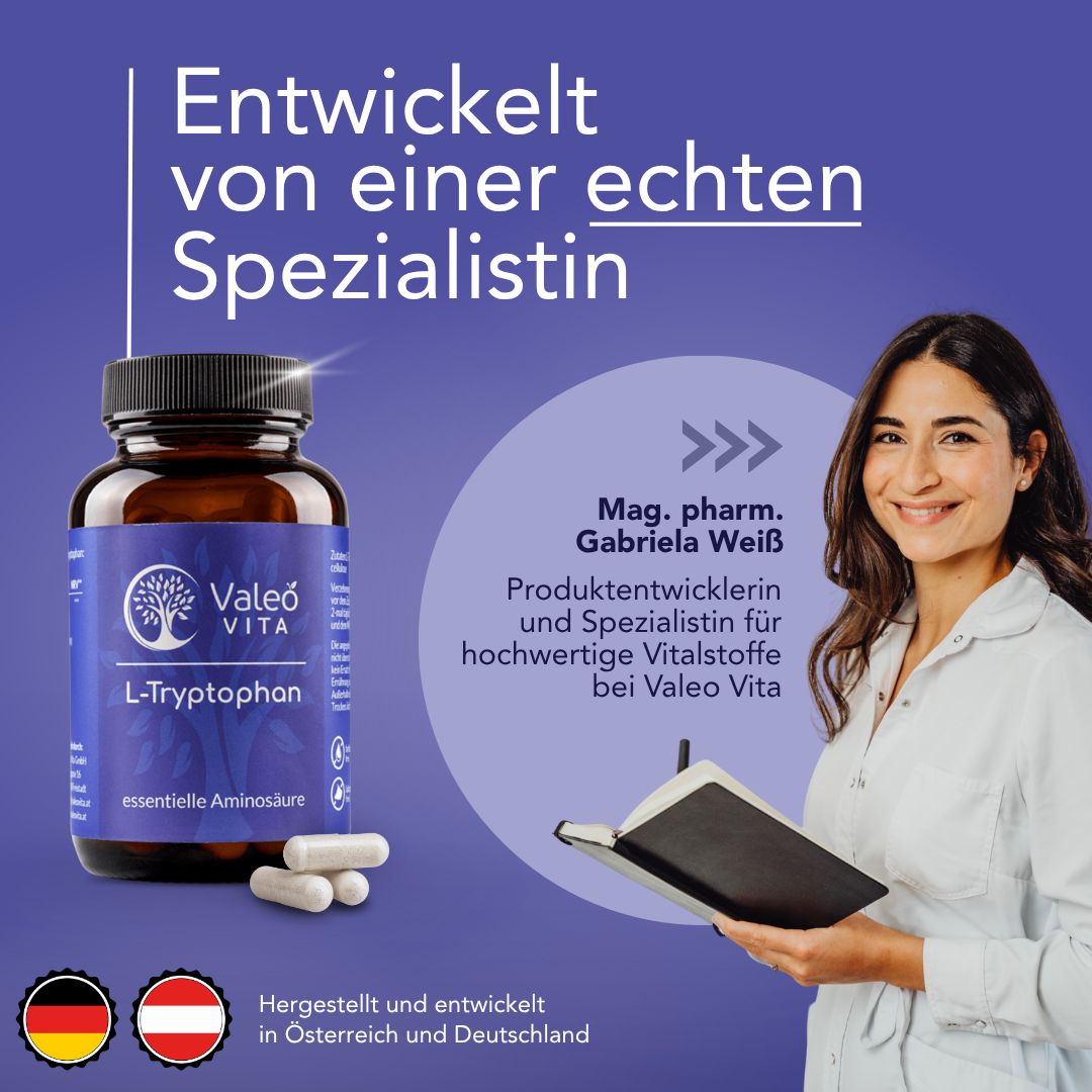 Produkt mit Valeo Vita L-Tryptophan. Frau mit Notizbuch. Kapseln daneben. Text: Entwickelt von einer Spezialistin.