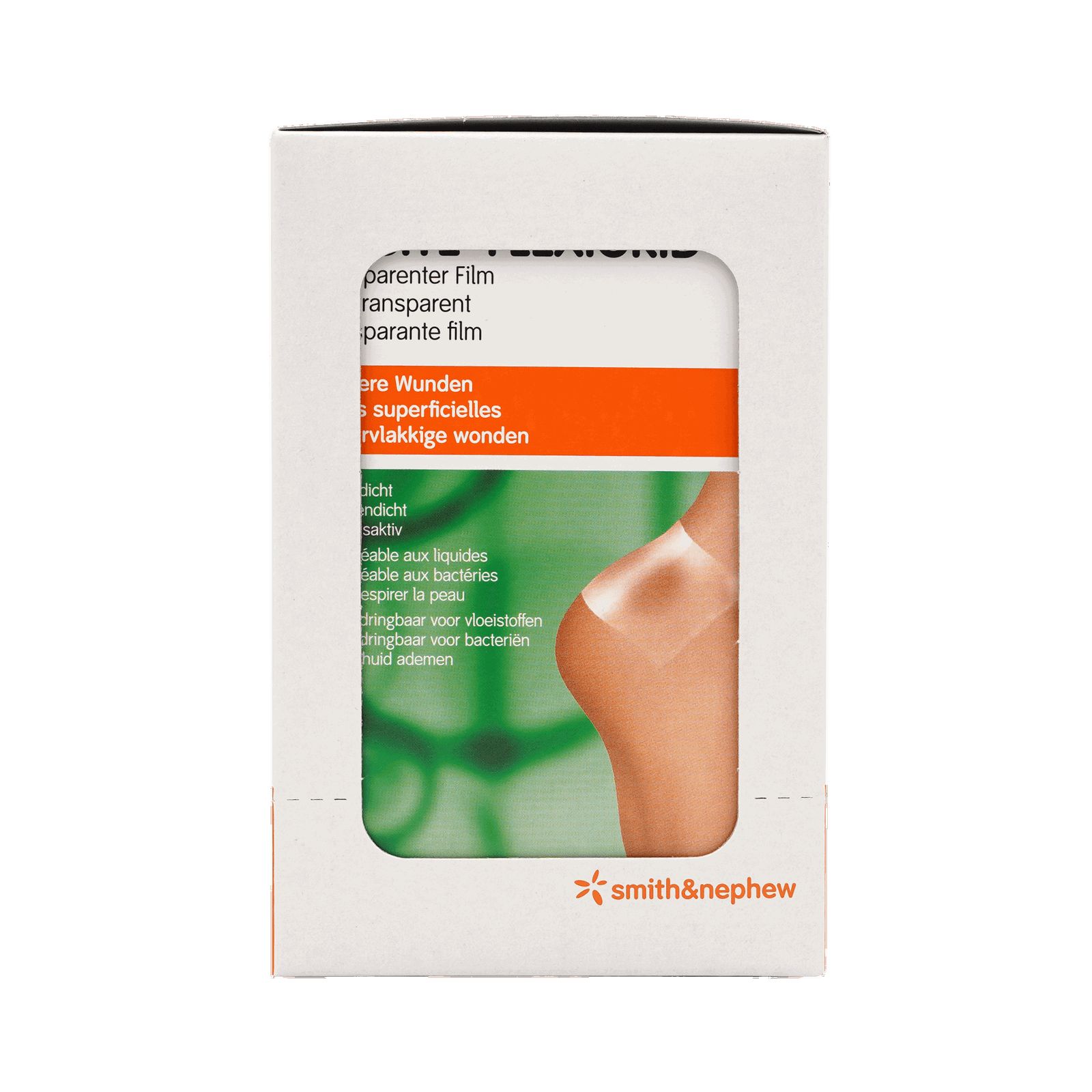 Verpackung mit OPSITE Flexigrid. Sichtfenster zeigt transparenten Verband auf Haut. Smith & Nephew Logo.
