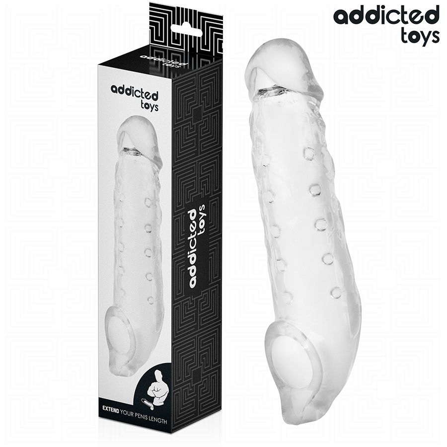 Transparentes Verlängerungsstück mit Noppen, in Verpackung. Marke Addicted Toys. Schwarze Verpackung mit Produktabbildung.