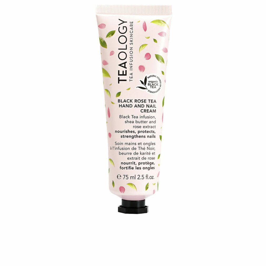 Creme-Tube mit floralem Muster. Text: Teaology, Black Rose Tea Hand and Nail Cream. Vegan-Siegel.
