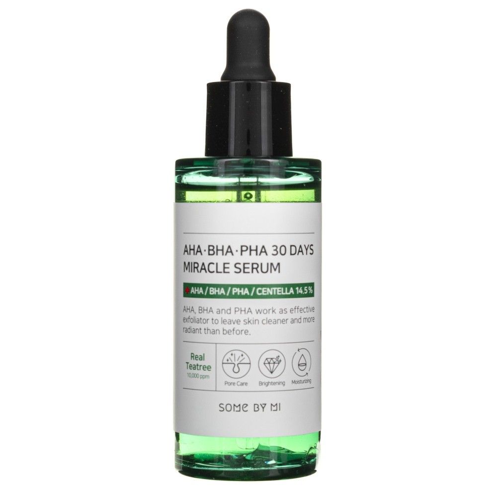 SOMEBYMI AHA-BHA-PHA 30 Days Miracle Serum Flasche mit Icons für Hautpflege und Teebaumöl.