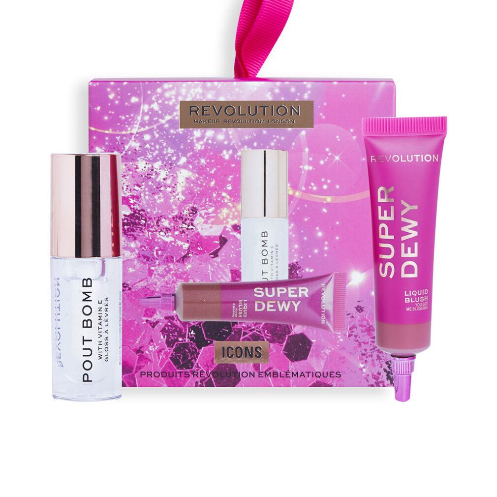Geschenkset mit Kosmetikprodukten. Enthält Lipgloss, Lippenstift und flüssiges Rouge. Verpackt in einer pinkfarbenen Box mit Schleife.