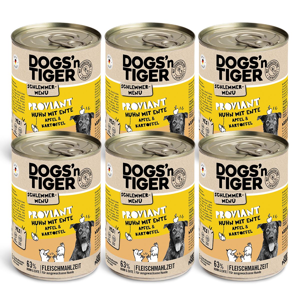 Sechs Dosen Hundefutter. Aufschrift: Dogs'n Tiger, Schlemmer-Menü, Huhn mit Ente, Apfel & Kartoffel. 63% Fleischmahlzeit.