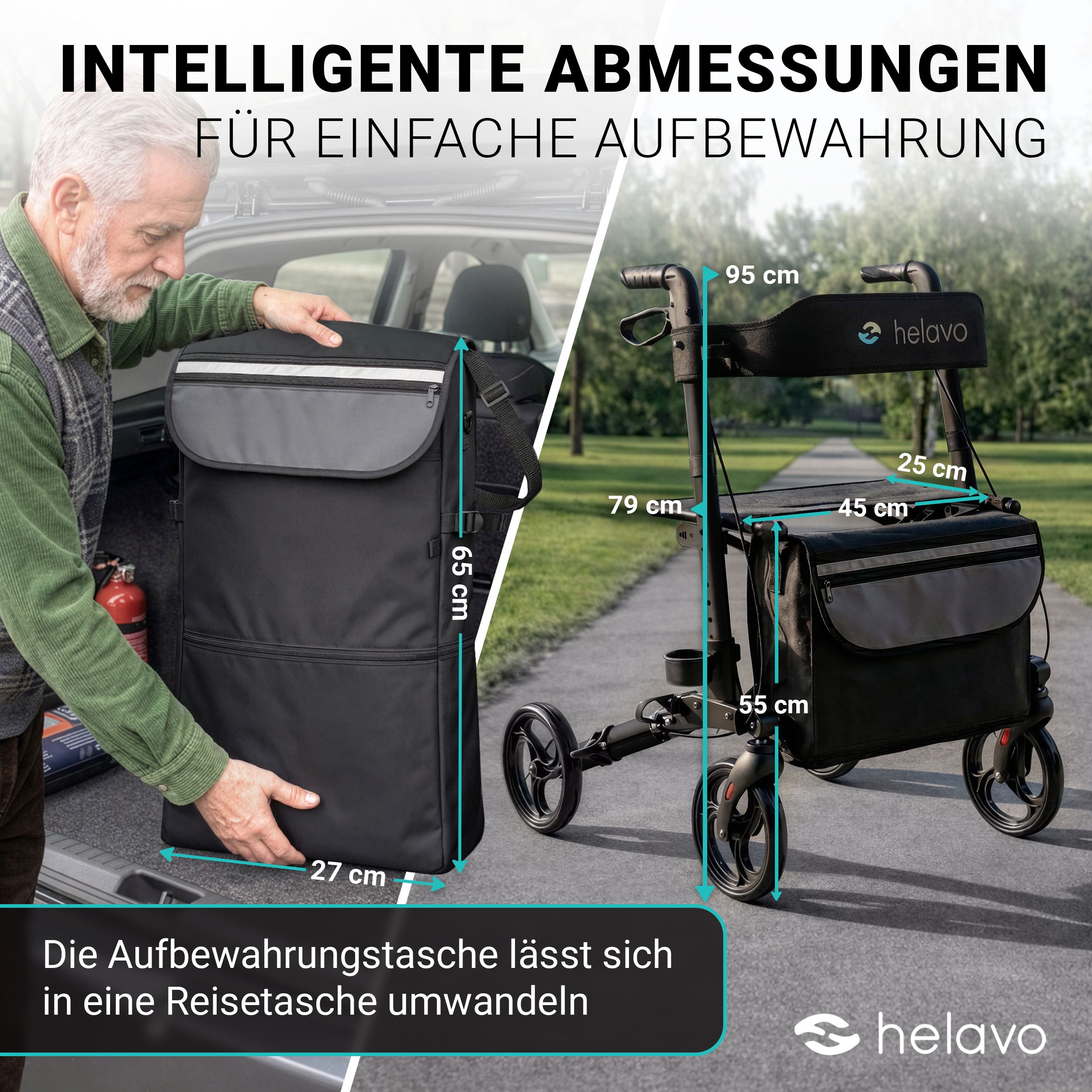 Aufbewahrungstasche eines Helavo Rollators, umwandelbar in Reisetasche. Maße 65x27 cm.