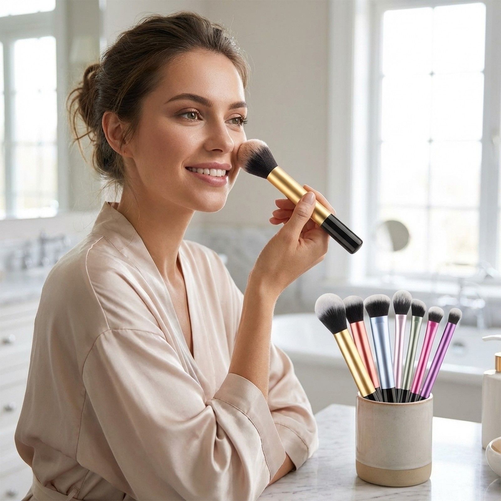 Ein Set von zehn Make-up-Pinseln mit goldenen, silbernen, blauen und pinken Griffen in einem Becher.