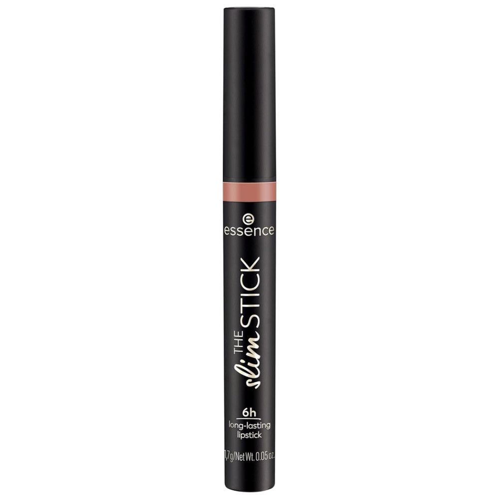 Essence Lippenstift The Slim Stick, nude. Schwarze Hülse, Produktname und Logo. 6h long-lasting. Net Wt. 0.05 oz.