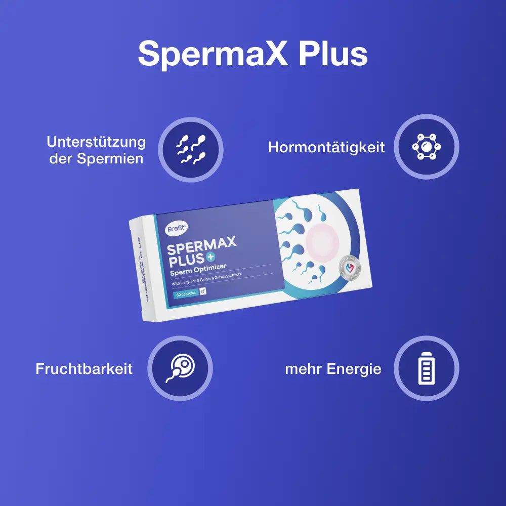 SpermaX Plus Packung. Enthält Pflanzenextrakte, Vitamine und Mineralstoffe.